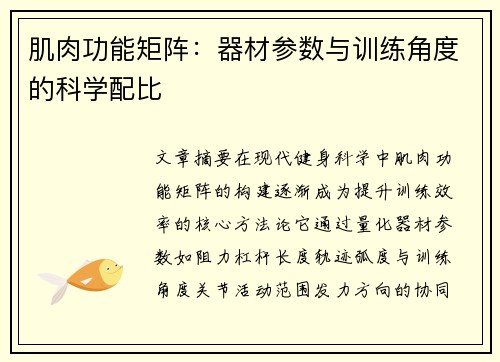 肌肉功能矩阵：器材参数与训练角度的科学配比